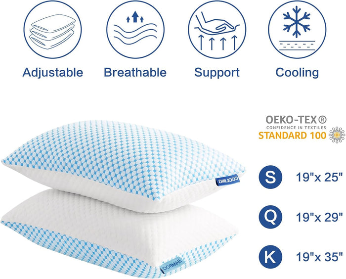 EASELAND Firm Pillow Shredded Memory Foam(Adjustable Loft), Cooling Breathable for Sleeping Standard Size 2 Pack