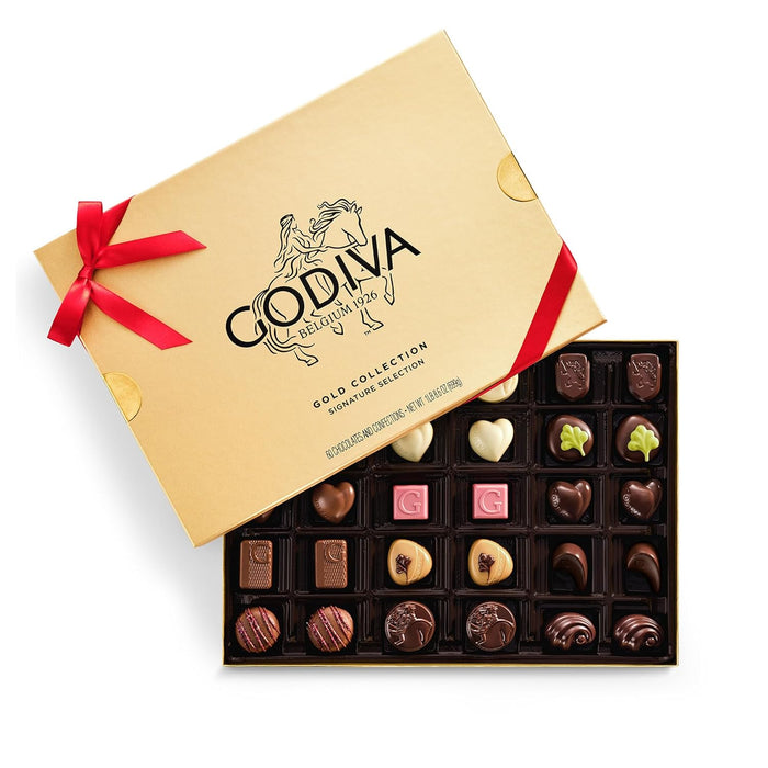 Godiva Red Bow Gold Milk Chocolate Gift Box, Belgian Milk Chocolates with Ganaches, Pralinés & Caramels, Gourmet Holiday Gift, Non-GMO & Kosher, 15 Pc