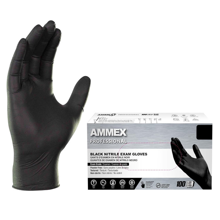 AMMEX Black Nitrile Exam Gloves, Box of 100, 3 Mil, Size Small, Latex Free, Powder Free, Textured, Disposable, Non-Sterile, Food Safe, ABNPF42100BX