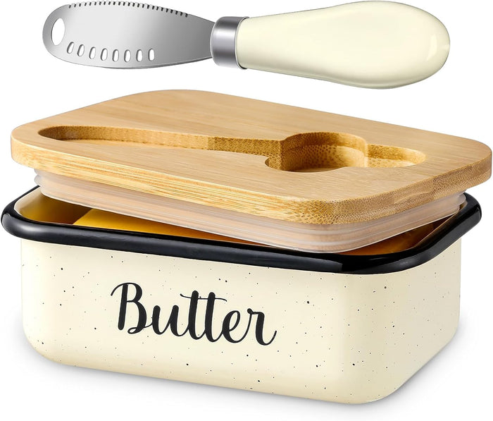 LANDNEOO Butter Dish with Lid and Butter Curler Knife - Unbreakable Stainless Steel Keeper Container with Double Silicone Sealing, for Kitchen Farmhouse Decor