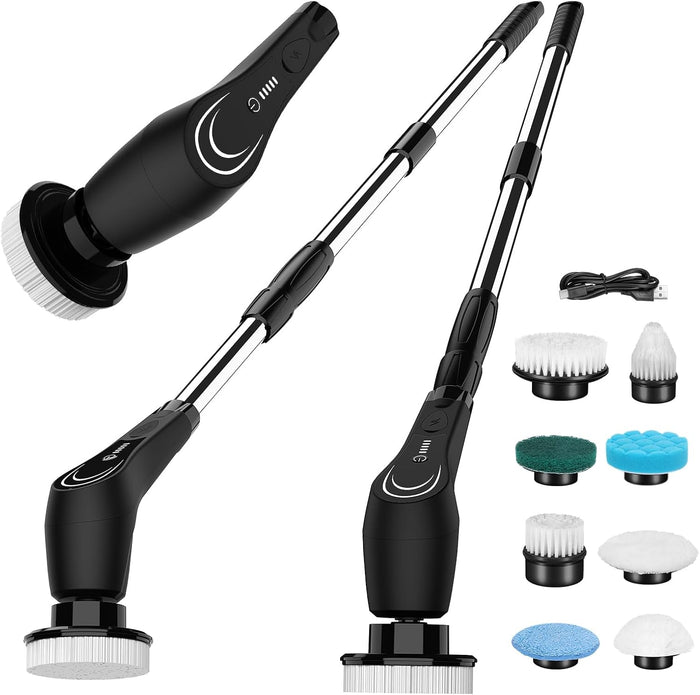 White Electric Spin Scrubber, Cordless Spin Scrubber with 8 Replaceable Brush Heads, Electric Scrub Brush with Adjustable Extension Handle, Electric Cleaning Brush for Bathroom, Tile and Bathtub