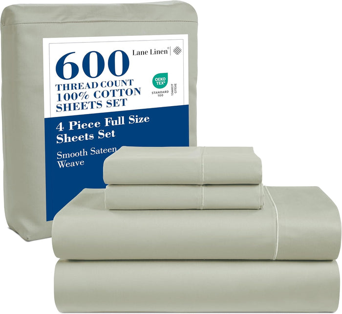 LANE LINEN 600 TC 100% Mercerized Cotton Machine Wash Full Size Bed Sheets Set, Fully Elasticized Fitted Sheet, European Closure Pillow Cases, Z Hem Top Sheet, Soft & Comfy Sheets- Charcoal