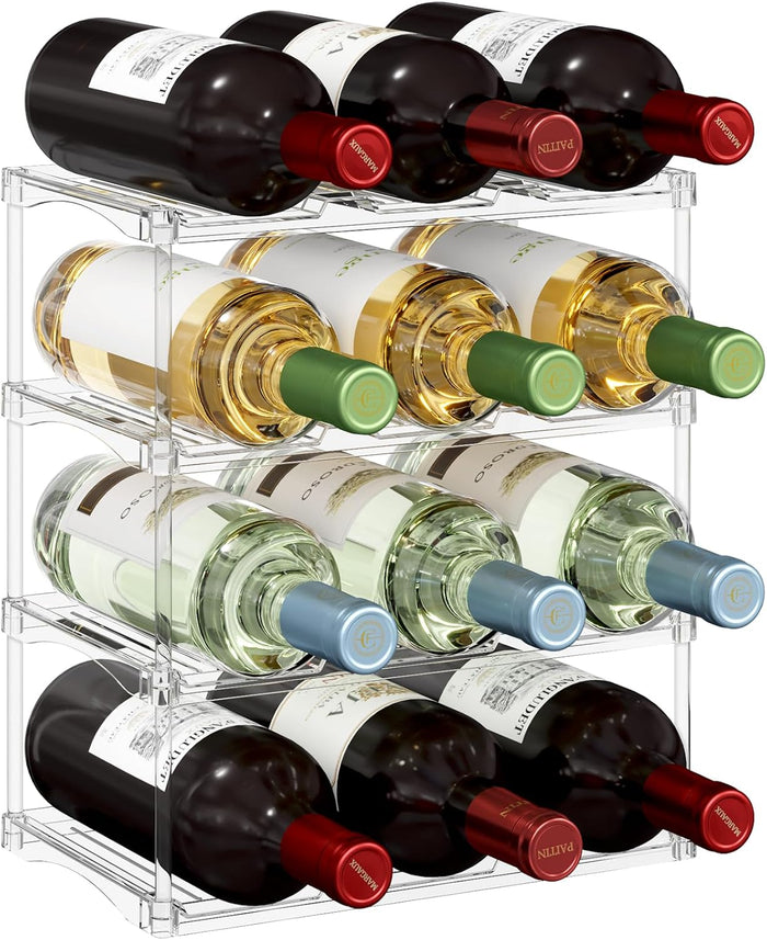 Lifewit Stackable Water Bottle Storage Organizer, Clear Freestanding Wine Bottle Holder for Cabinet, Tumbler Cup Organizer, Plastic Large Compartment Wine Rack for Fridge Cellar, 3Tier Hold 9