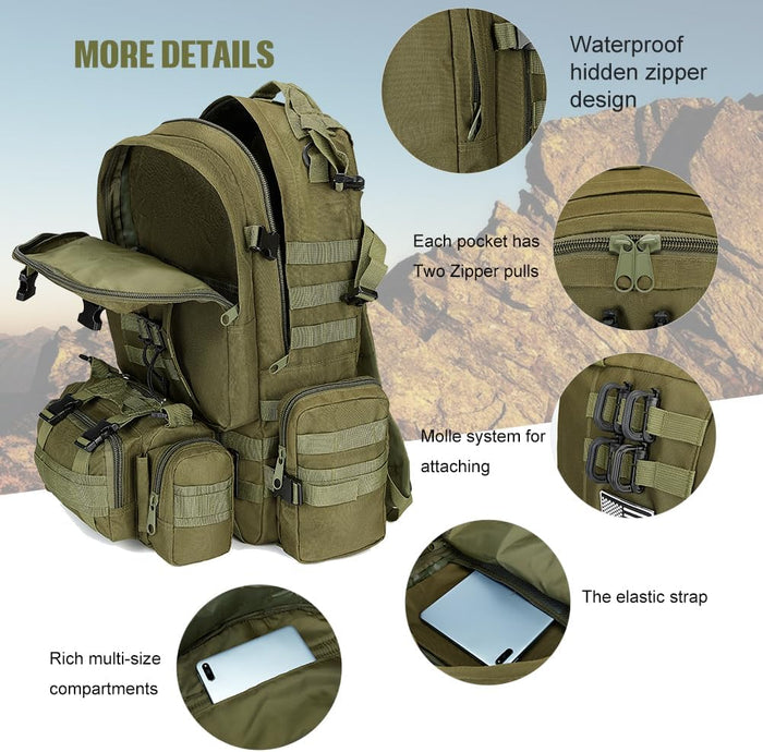 Large Military Tactical Backpack for Men, 40-50L Backpacks for Women, Bug out Bag Army 3 Days Pack Bags Rucksack with Molle System Green