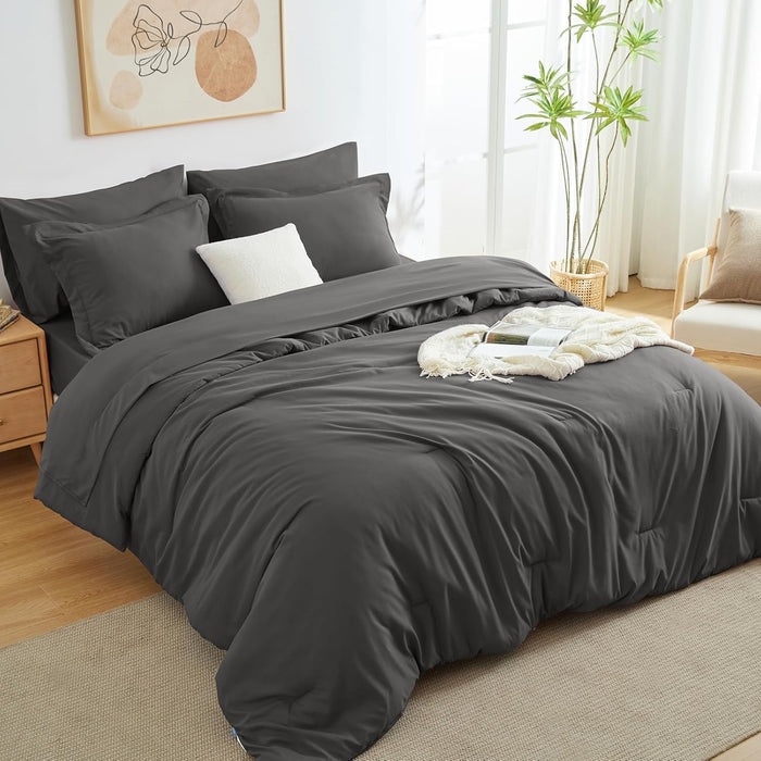 Dark Grey Queen Comforter Set, 7 Pieces Bed in a Bag Queen Lightweight Bedding Set, All Season Soft 7PC Bed Set with Comforter, Flat Sheet, Fitted Sheet, Pillowcases & Pillow Shams