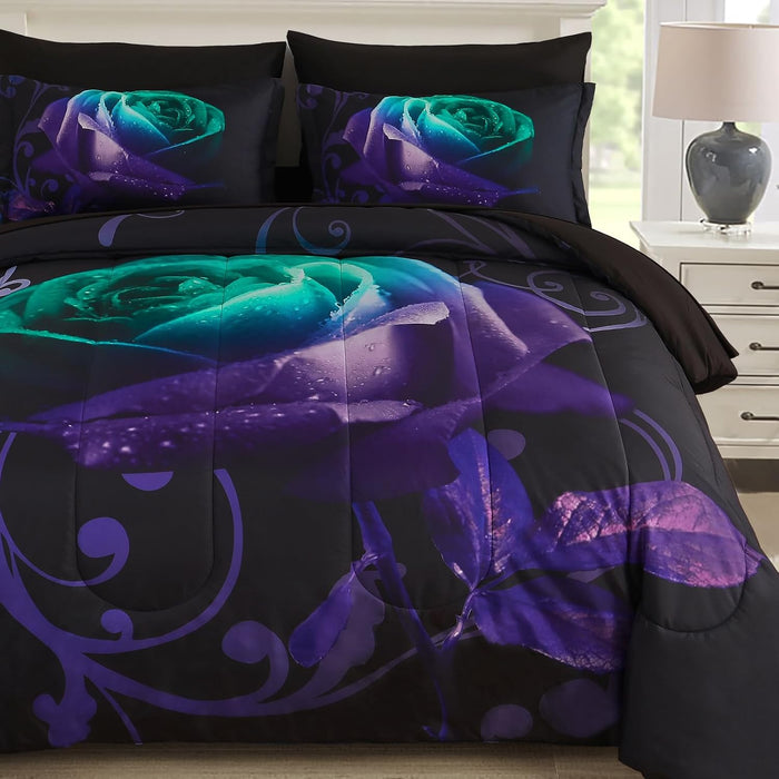 WONGS BEDDING Purple Comforter Set Queen, Reversible Purple Rose 7 Pieces Bed in a Bag, Lightweight Soft Microfiber Bedding Sets with Flat Sheet, Fitted Sheet, Pillowcases & Shams