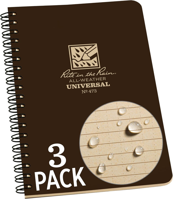 Rite in the Rain Weatherproof Side Spiral Notebook, 4.625" x 7", Tan Cover, Universal Pattern (No. 973T)