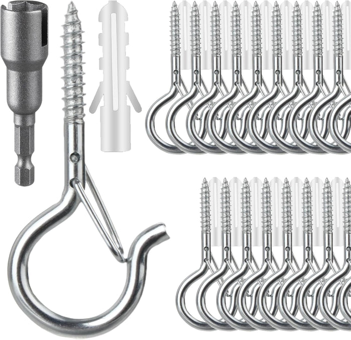 36 PCS Q-Hanger Hooks with Safety Buckle, Windproof Screw Hooks for Outdoor String Lights Hanging Christmas Lights, Plants, with 1 Wing Nut Driver