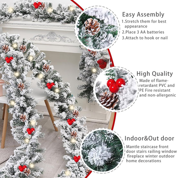Christmas Garland with Lights,Xmas Garlands with Timer, 9ft Lighted Xmas Garland Snow for Mantle Staircase Front Door Stairs Railing Window Fireplace Winter Outdoor Home Decorations