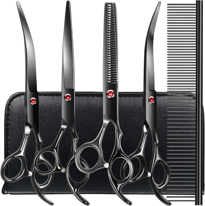 5 in1 Dog Grooming Scissors Kit, Professional Dog Scissors for Grooming with Safety Round Tips, Titanium Coated Grooming Shears for Dogs Cat Pet At Home