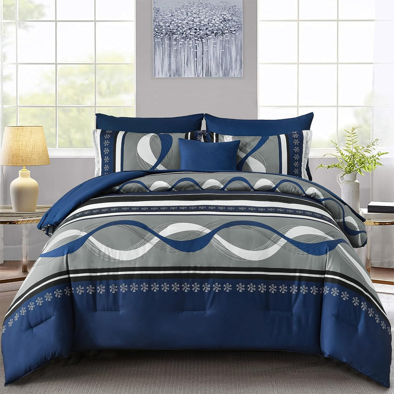 Anibedding Black Comforter Set Queen Size,8 Pieces Boho Bed in a Bag Patchwork Striped Comforter Set, Soft Microfiber Bedding Set for All Season(90"×90")