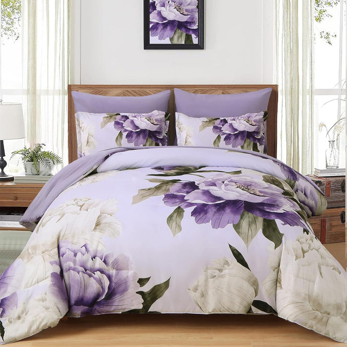 Dobuyly Pink and Grey Comforter Set Queen Size 7 Piece Bed in a Bag, Floral Printed on Gray Comforter Set with Sheets, Soft Microfiber Botanical Complete Bedding Set for All Season