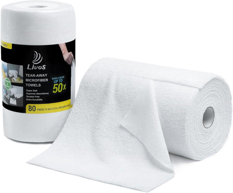 LIVOS Microfiber Cleaning Cloth Roll - 80 Pack, Reusable Paper Towels, Microfiber Towels for Cars, Super Absorbent Lint Free Cleaning Rags for House, Kitchen, Window-Light Purple, 11.5"x11.5"