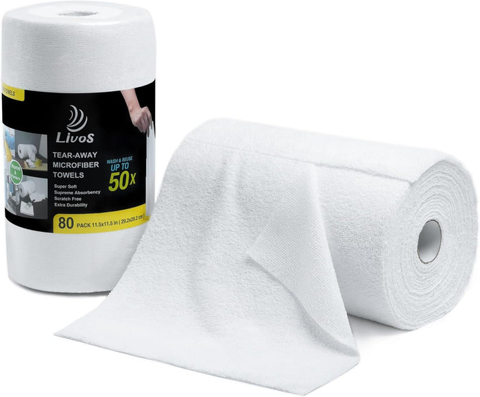 LIVOS Microfiber Cleaning Cloth Roll - 80 Pack, Reusable Paper Towels, Microfiber Towels for Cars, Super Absorbent Lint Free Cleaning Rags for House, Kitchen, Window-Light Purple, 11.5"x11.5"