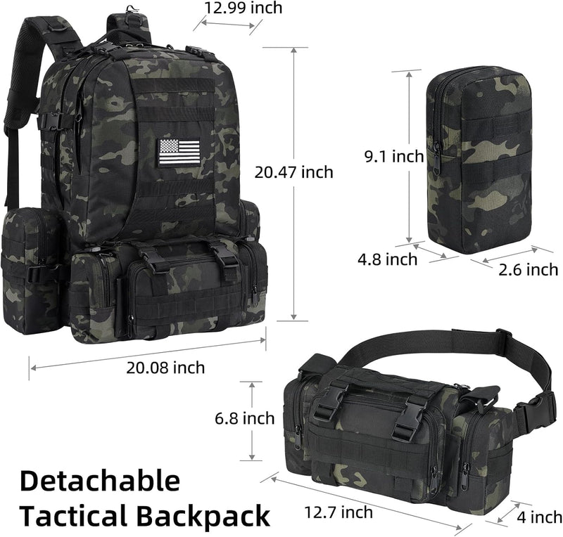 60L Tactical Military Backpack Large Capacity Army Rucksack with Detachable Molle Pouches for Men and Women (Black Camo, Large)