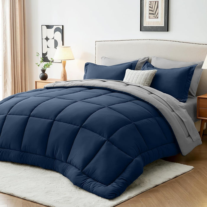 Sasttie Queen Comforter Set, 7 Pieces Bed in a Bag Queen, Complete Bedding Set Includes Grey Comforter, Flat Sheet, Fitted Sheet, Pillowcases and Pillow Shams, Dark Grey