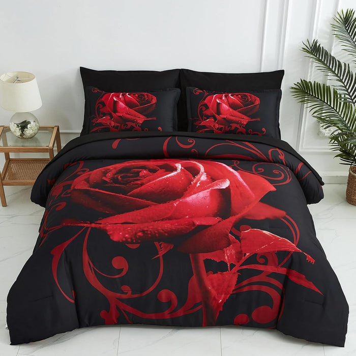 Xruibed Floral Comforter Set Queen 7 Piece Bed in a Bag Purple Rose Flower Comforter with Sheet Set Soft Micorfiber Bedding Set (1 Comforter,2 Pillow Shams,1 Flat Sheet,1 Fitted Sheet,2 Pillowcases)