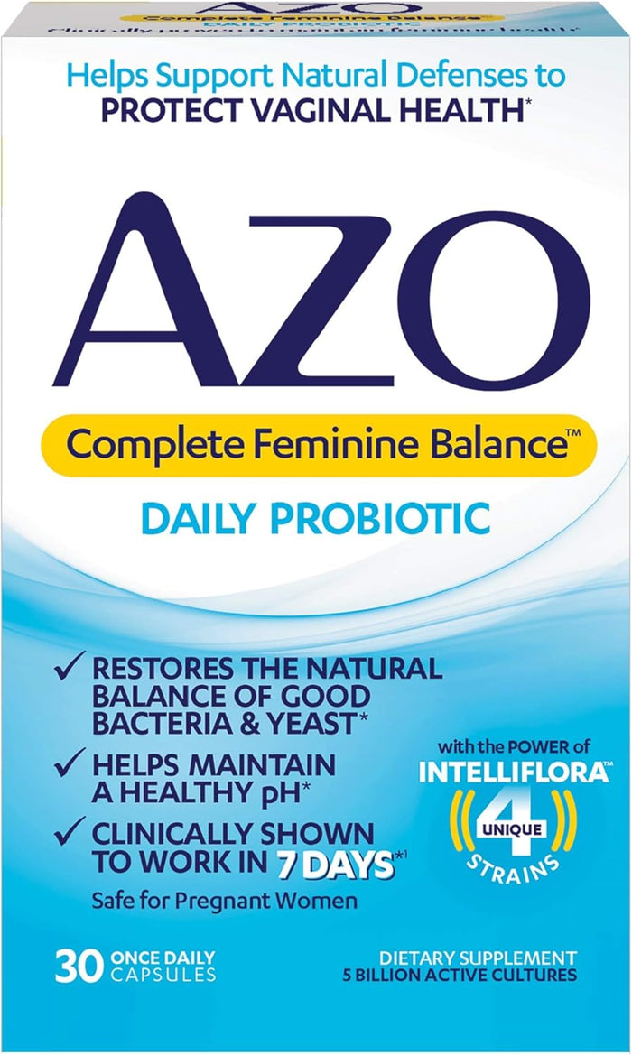 AZO Complete Feminine Balance Daily Probiotics for Women, Clinically Proven to Help Protect Vaginal Health, Helps balance pH and yeast, Non-GMO, 30 Count