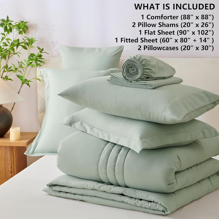 CozyLux Queen Comforter Set - 7 Pieces Bed in a Bag Sage Green Comforters Queen Size Bed Set, Soft Bedding Set with All Seasons Comforter, Sheets, Pillowcases & Shams