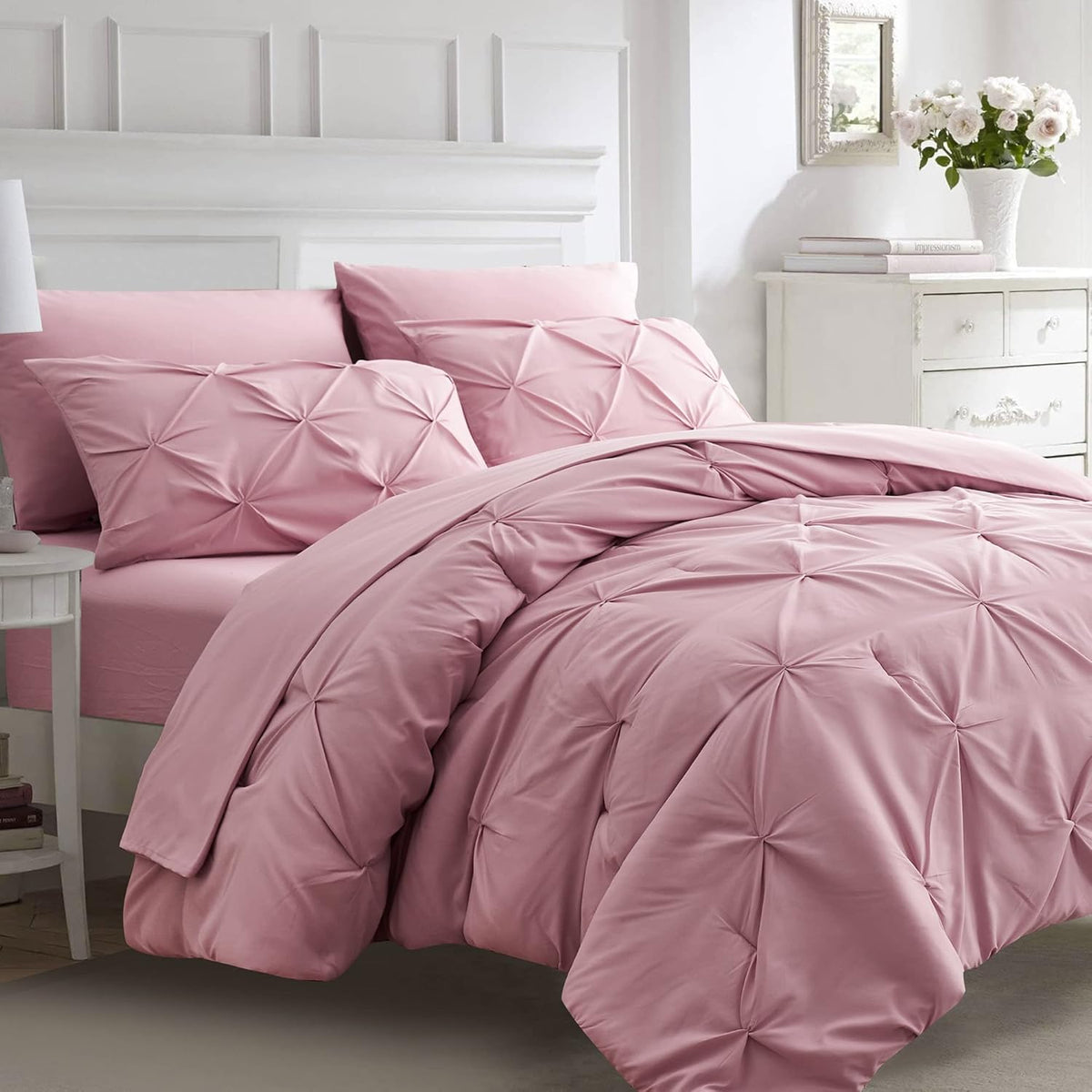 Ubauba 7pc Purple Comforter Set Queen Size with Sheets, Pintuck 7 Piece Bedding Comforters Bed in a Bag for All Season, Pinched Pleat Bed Set with Comforter (Purple,Queen)