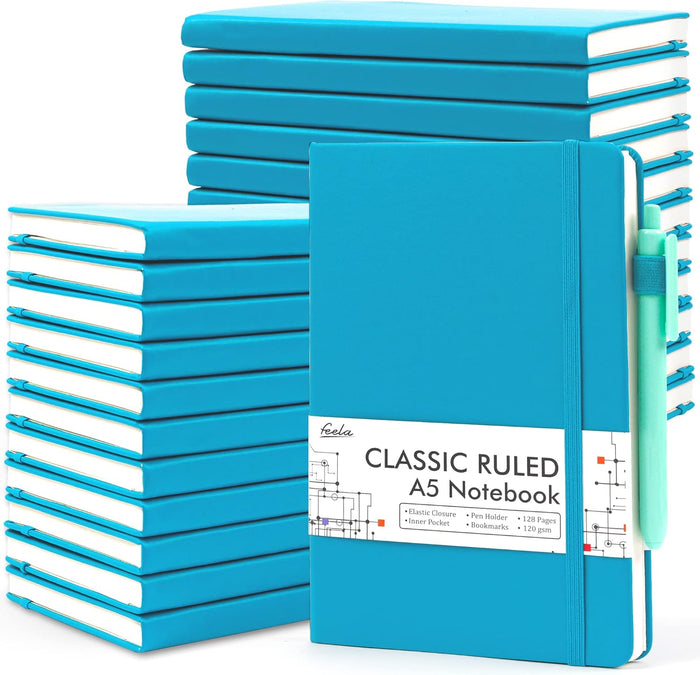 feela 24 Pack Journal Notebook for Work, Business Notebook Bulk Hardcover Lined Writing Journal with Pen Holder for Men Women Note Taking, with 24 Black Pens, 120 GSM, 5.1”x8.3”, A5, Orange