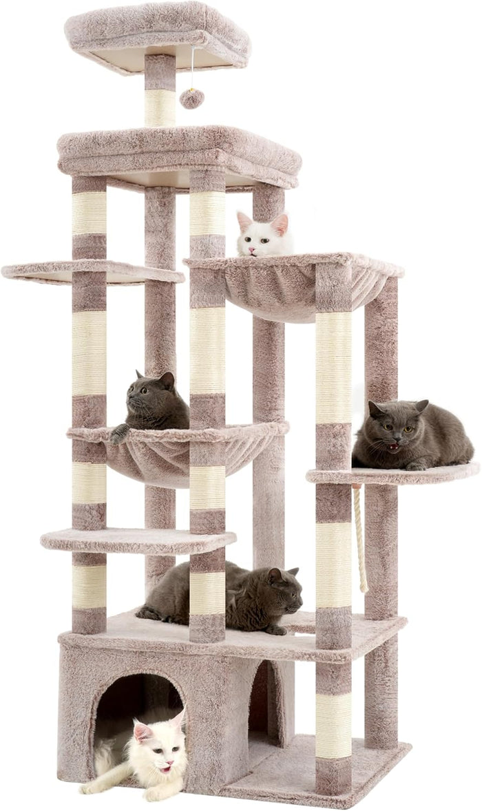 Heybly Cat Tree, 71-Inch Tall Cat Tower for Large Maine Coon Cats with Extra-Large Baseboard, Cat Condo Furniture with Multi-Level Platforms, 2 Hammocks and 12 Scratching Posts, Smoky Gray HCT037G