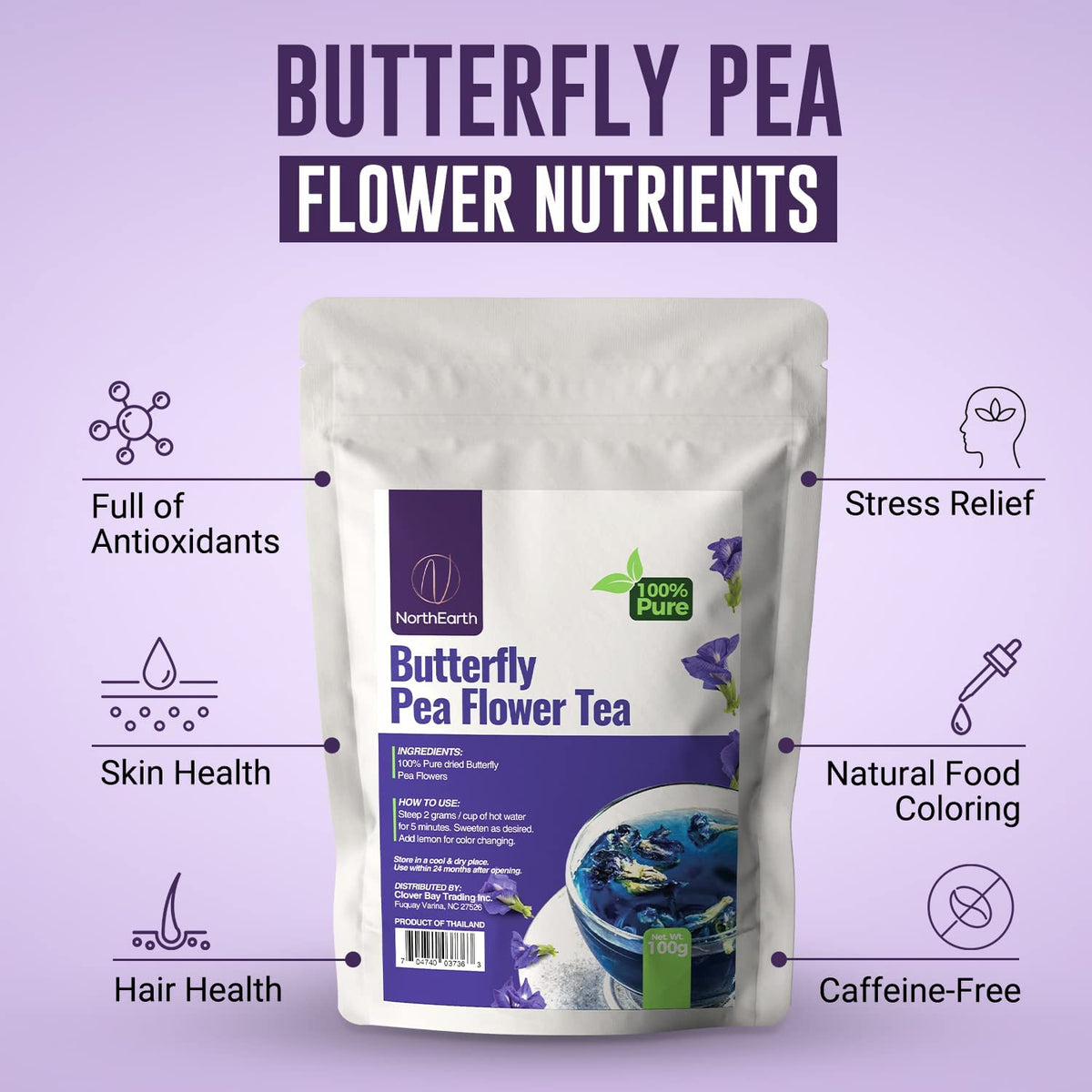NorthEarth 100% Pure Butterfly Pea Flower Tea - Blue Pea Tea Clitoria Ternatea Flower -1.48 Oz