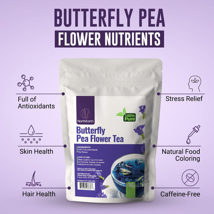 NorthEarth 100% Pure Butterfly Pea Flower Tea - Blue Pea Tea Clitoria Ternatea Flower -1.48 Oz