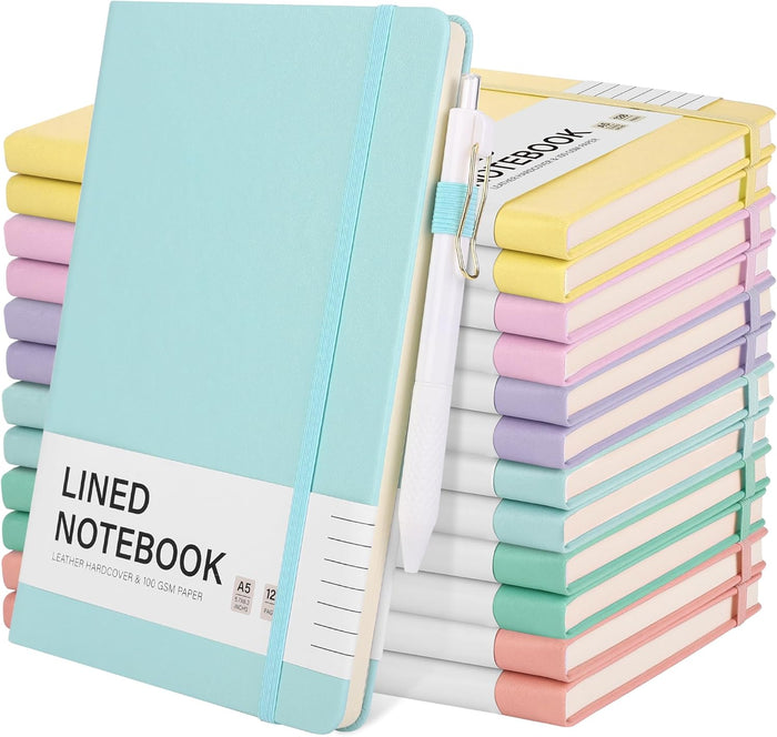 Aodaer 30 Set Lined Notebook Journals with Pens A5 Notebooks 100 GSM College Ruled Hardcover Notebook PU Leather Notepad with Pen Holder for Office School, 5.7 x 8.3 Inches, Deep Multicolor