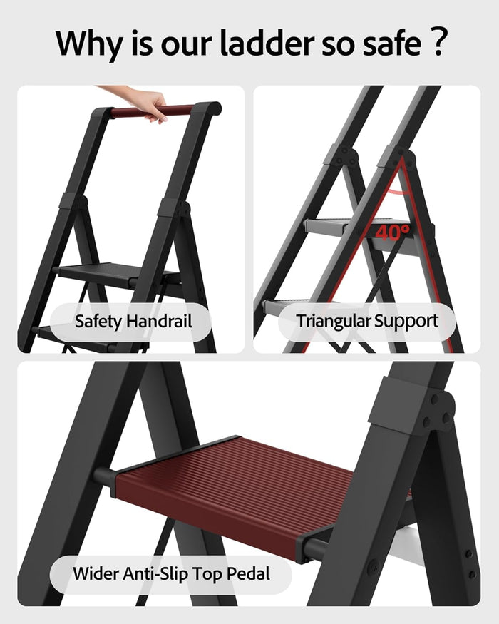 6 Step Ladder, Lightweight Folding Step Stool with Convenient Handgrip,Aluminum 330lbs Capacity Step Ladder for Office,Household,Kitchen(Black)