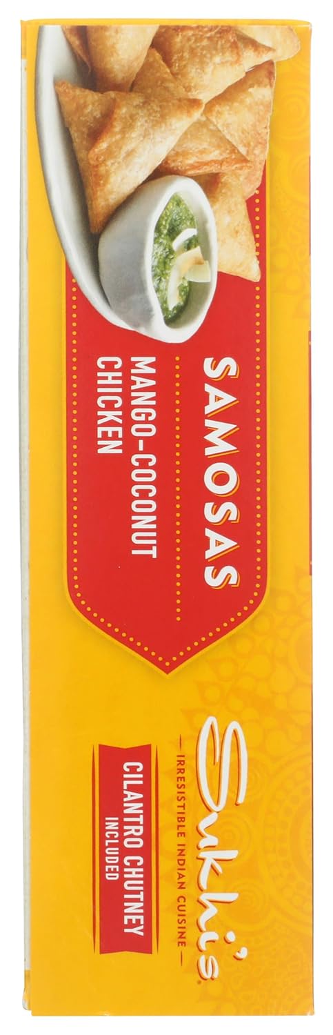Sukhi's Indian Mango Coconut Chicken Samosa Frozen Appetizer Snack with Cilantro Chutney Dipping Sauce 10oz