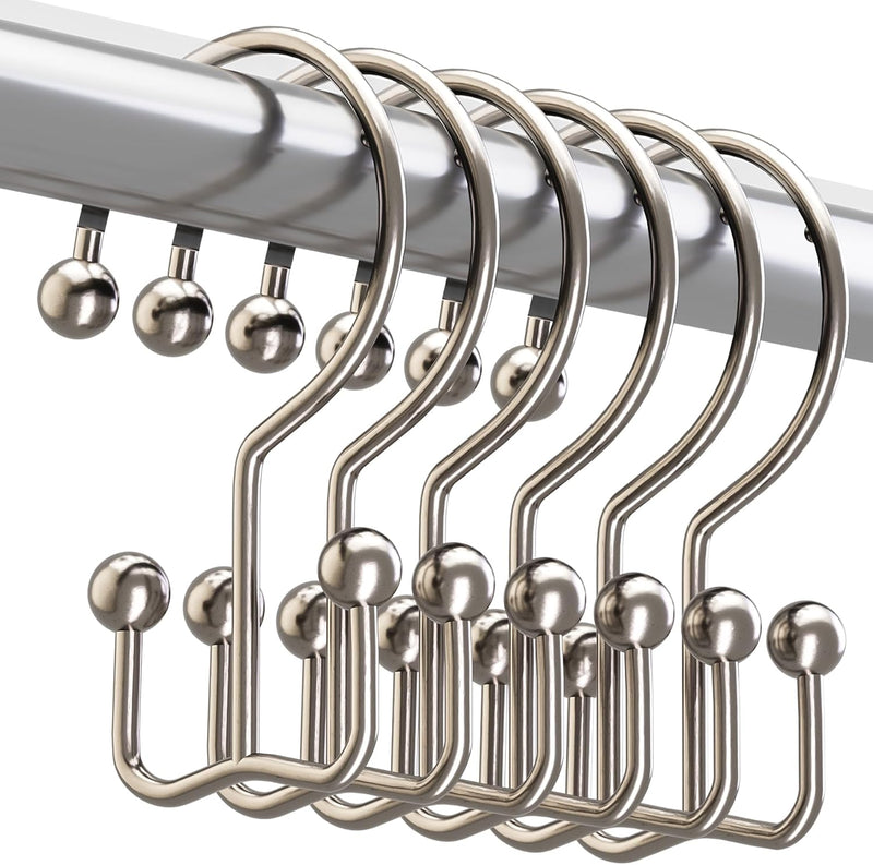 Titanker Shower Curtain Hooks Rings, Rust Resistant Metal Double Glide Shower Hooks Rings for Bathroom Shower Rods Curtains, Set of 12 Hooks - Nickel
