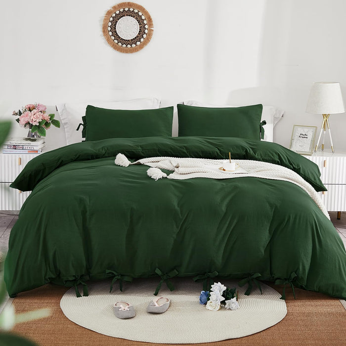 annadaif Duvet Cover Queen Size Sage Green, 3 Pieces Soft Washed Microfiber Duvet Cover Set, Comforter Cover with Bowknot Bow Tie (1 Duvet Cover 90x90 Inch, 2 Pillowcases) Easy Care Bedding Set