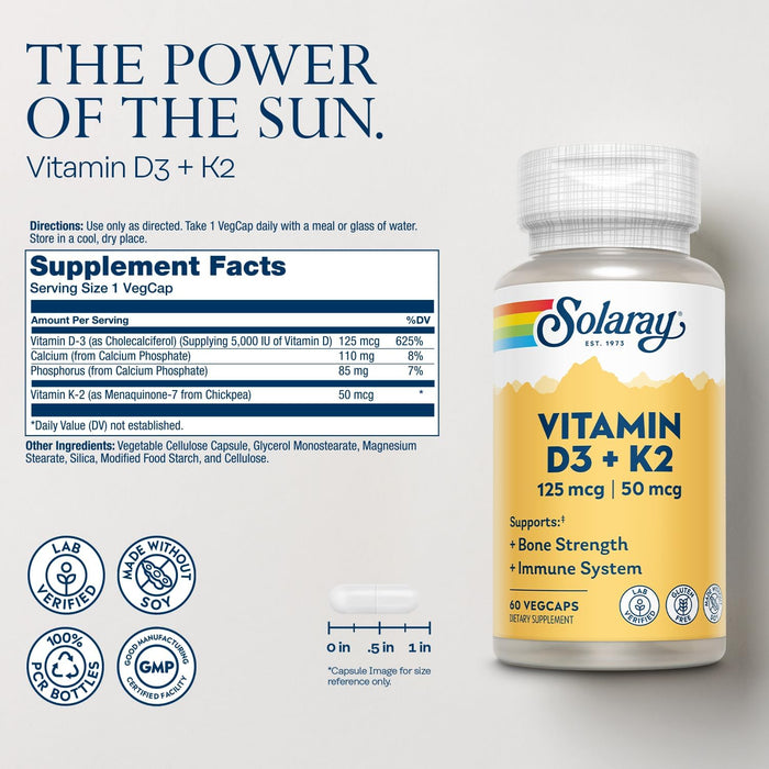 SOLARAY Vitamin D3 K2 - Bone Health and Immune Support Supplement - with 5000 IU Vitamin D as VIT D3 and 50 mcg Vitamin K2 as Menoquinone MK7, Made Without Soy, 60-Day Guarantee, 60 Serv, 60 VegCaps