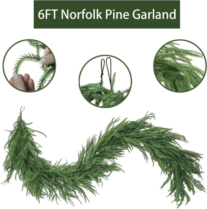 6 Ft Christmas Garlands Norfolk Pine Garlands, Real Touch Artificial Xmas Greenery Garland for Mantel, Staircase, Tabletop - Indoor Outdoor Winter Christmas Decor