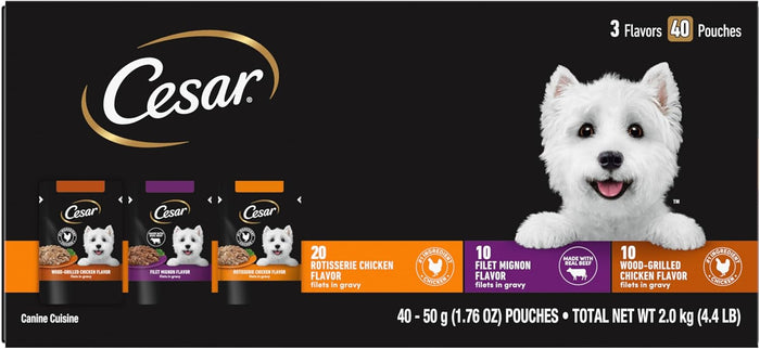 Cesar Filets in Gravy Wet Dog Food Filet Mignon Flavor and Rotisserie Chicken Flavor Variety Pack, 1.76 oz. Mini-Pouches (20 Count, Pack of 2)