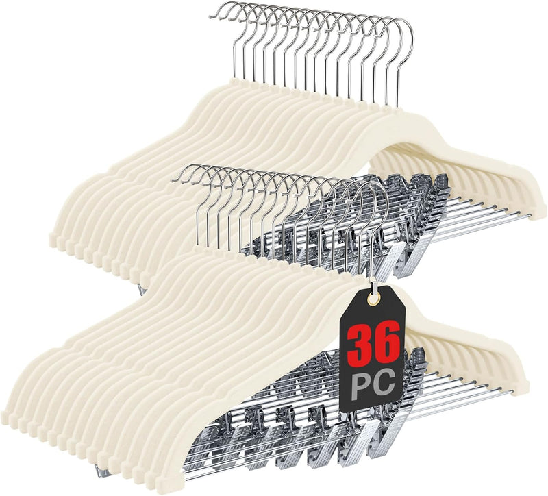 Korpai 36-Pack Black Velvet Hangers with Clips Adjustable,Adult Hangers,Outfit Hanger,Heavy-Duty,Felt,Non-Slip,Space Saving, for Pants, Skirts, Suits,Coats, Dresses ect.