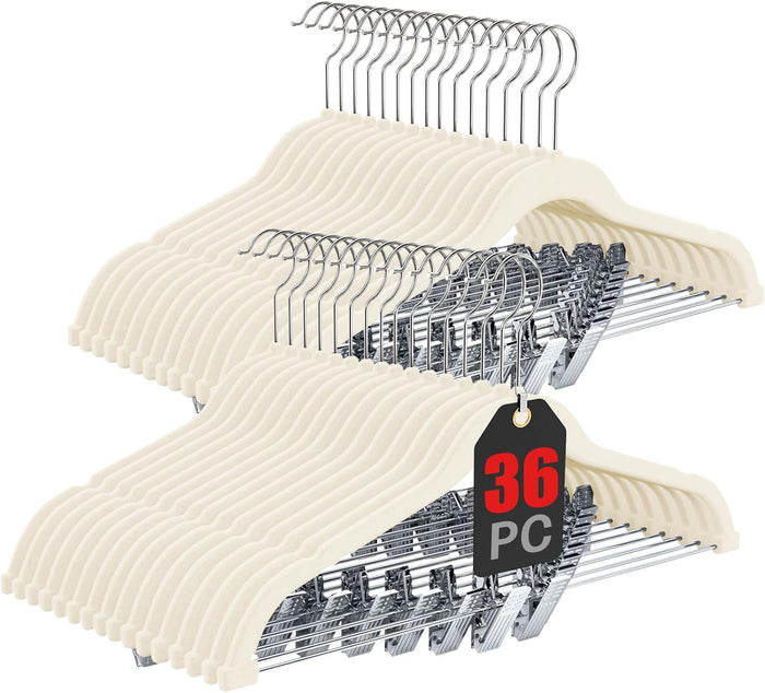 Korpai 36-Pack Black Velvet Hangers with Clips Adjustable,Adult Hangers,Outfit Hanger,Heavy-Duty,Felt,Non-Slip,Space Saving, for Pants, Skirts, Suits,Coats, Dresses ect.
