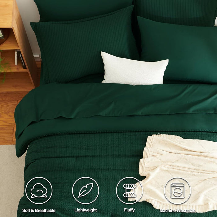 CozyLux Queen Comforter Set Emerald Green - 7 Pieces Striped Seersucker Bed in a Bag, Soft Lightweight Boho Bedding Set with All Season Comforters Queen Size, Sheets, Pillowcases & Shams