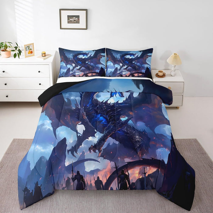 Feelyou Kids Boho Dragon Comforter Set Queen Size, Black Dragon Bedding Set Sun and Moon Duvet Insert Boys Girls Wildlife Teens Bedroom Decor Bed Set 3Pcs