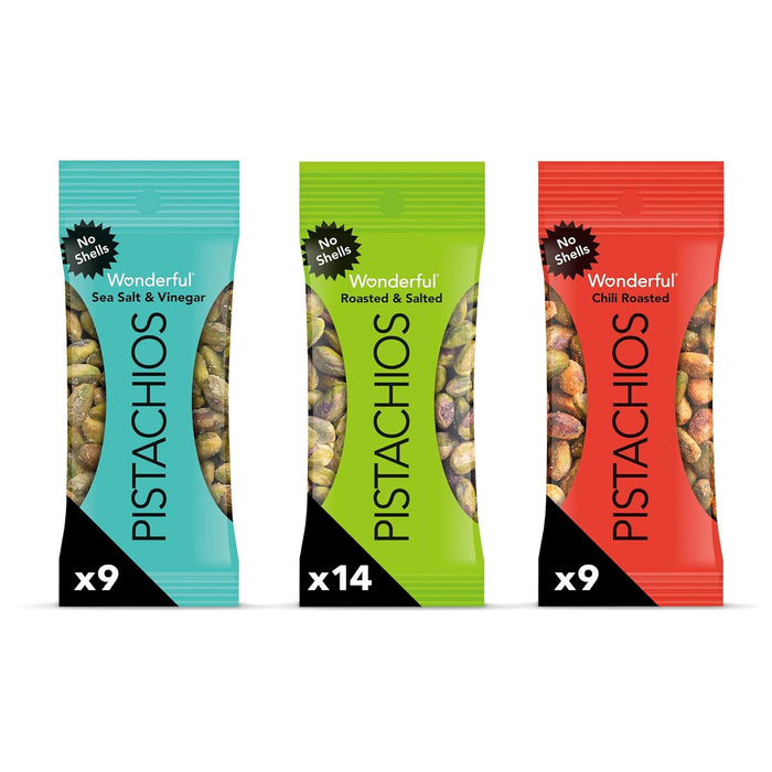 Wonderful Pistachios No Shells, 3 Flavors Mixed Variety Pack of 9 (0.75 Ounce), Roasted & Salted Nuts (4), Chili (3), Honey (2), Protein Snacks, Gluten Free, Healthy Snacks Variety Pack for Adults, Stocking Stuffers