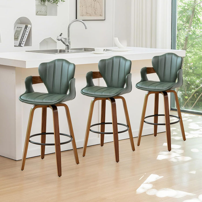 30" Swivel Bar Stools Set of 2,Mid Century Modern Bar Height Bar Stools,Black Upholstered Faux Leather Kitchen Stools with Arms and Fishtail-Shaped Back,Walnut Wood Frame Home Bar Chairs