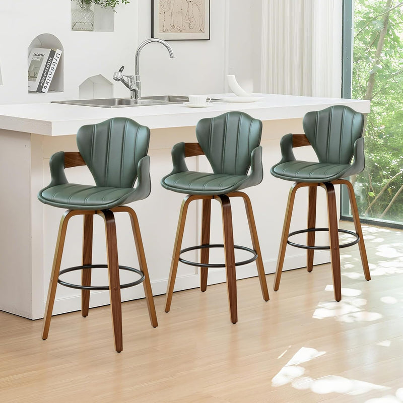 30" Swivel Bar Stools Set of 2,Mid Century Modern Bar Height Bar Stools,Black Upholstered Faux Leather Kitchen Stools with Arms and Fishtail-Shaped Back,Walnut Wood Frame Home Bar Chairs