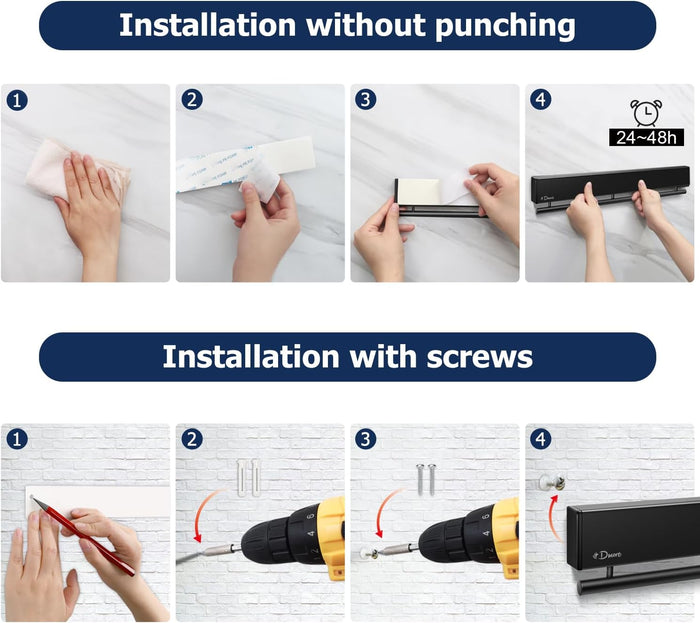 Dmore magnetic knife holder for wall—with 10 hooks, No Drilling 17 Inch black knife magnetic strip, Extra Strong Magnet knife rack, include Adhesive Tape and screws for Knives and Tools