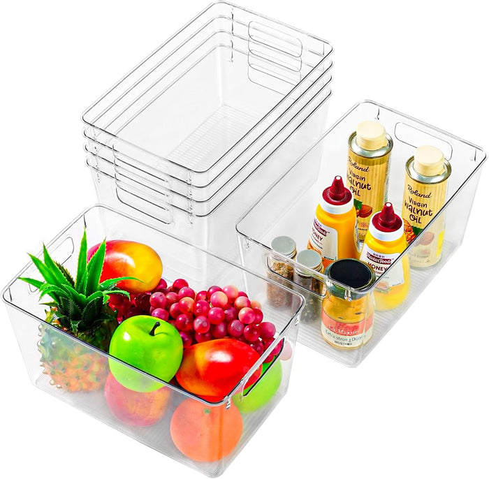 12 Pack Middle Organizers and Storage, Pantry Organization and Storage Bins, Cabinet Organizer, Clear Plastic Storage Containers with Handle，Acrylic Storage Bins for Cabinet, Fridge