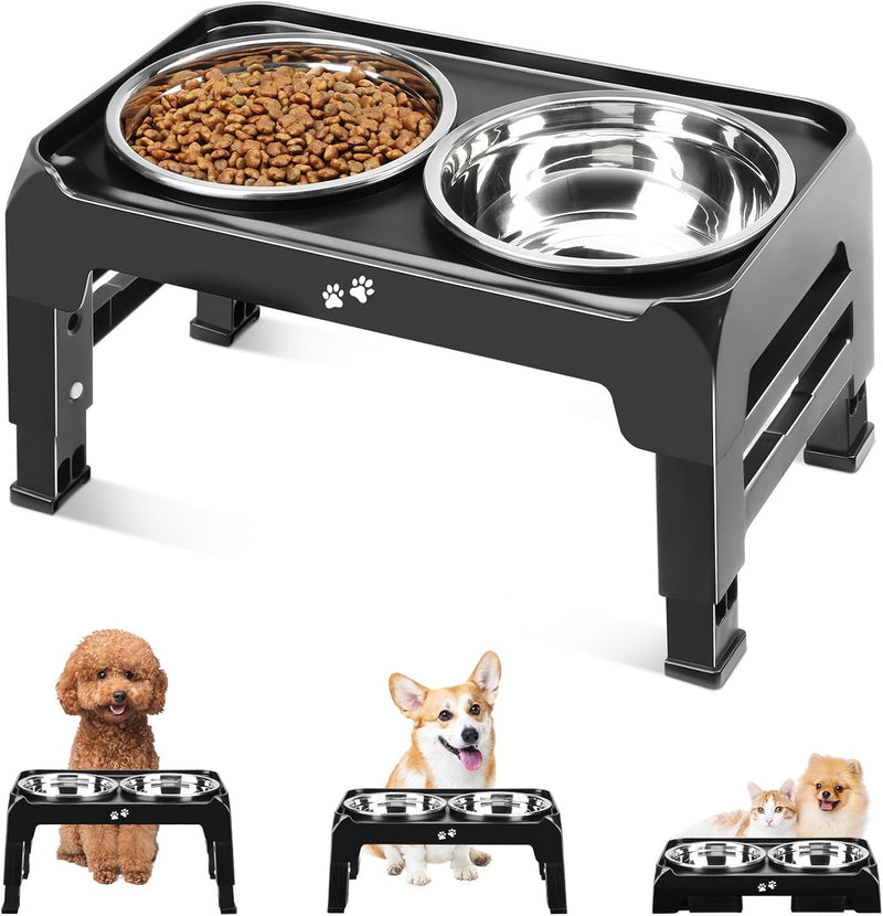COMESOON Elevated Dog Bowls, 4 Height Adjustable Raised Bowl Stand with 2 Thick 50oz Stainless Steel Food Bowls Non-Slip Feeder Adjusts to 3.7'', 9.2'', 10.75'', 12.36'' Black, (DB-W01)