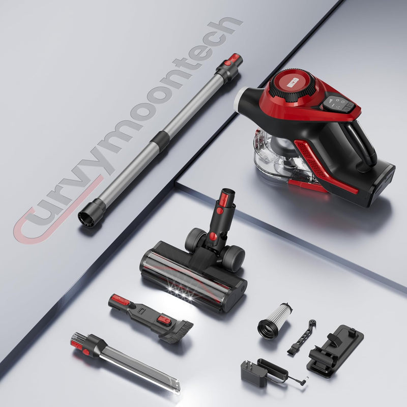 Cordless Vacuum Cleaner, 30Kpa Home Stick Vacuum, Smart Display & 1.5L Dust Cup, 55mins Max Runtime, Rechargeable Lightweight Handheld Vavuum for Pet Hair/Carpet/Hardwood Floor/Car (Red)