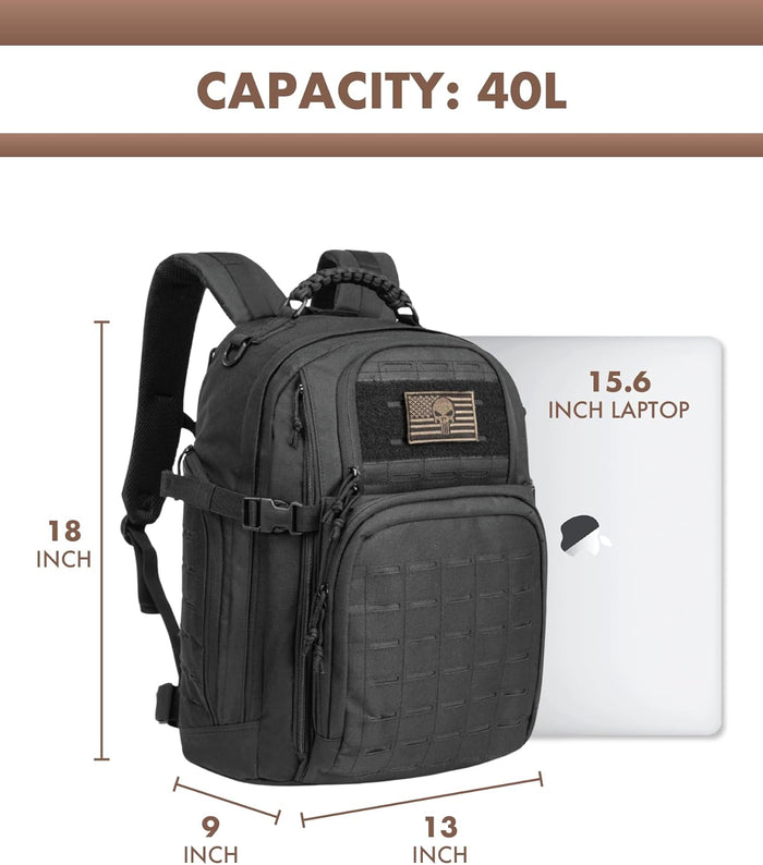 TRAILKICKER Military Tactical Backpack 40L for Men, Hiking Camping Molle EDC Daypack Army Assault Pack Lightweight Work Backpack with Water Bladder Compartment, Black