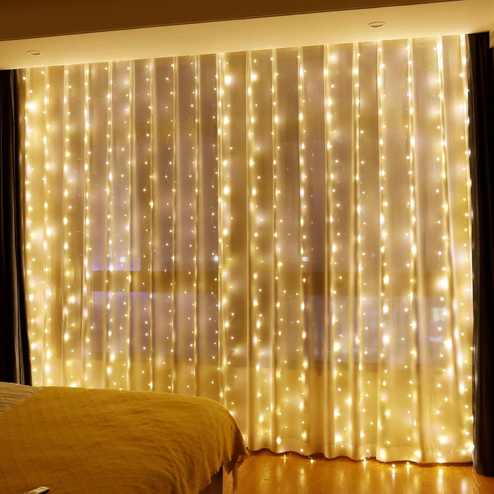HXWEIYE 300LED Fairy Curtain Lights, 9.8x9.8Ft Warm White USB Plug in 8 Modes Christmas String Hanging Lights with Remote for Bedroom, Indoor, Outdoor, Weddings, Party