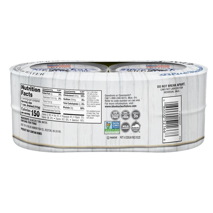 Blue Harbor Fish Co. Wild Albacore Solid White Tuna in Water, No Salt Added - 4.6 oz Canned Tuna (Pack of 4)